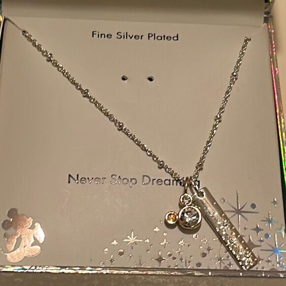 Disney Never Stop Dreaming Two Tone Clear Crystal Charm Necklace Silver Plated - Picture 3 of 9